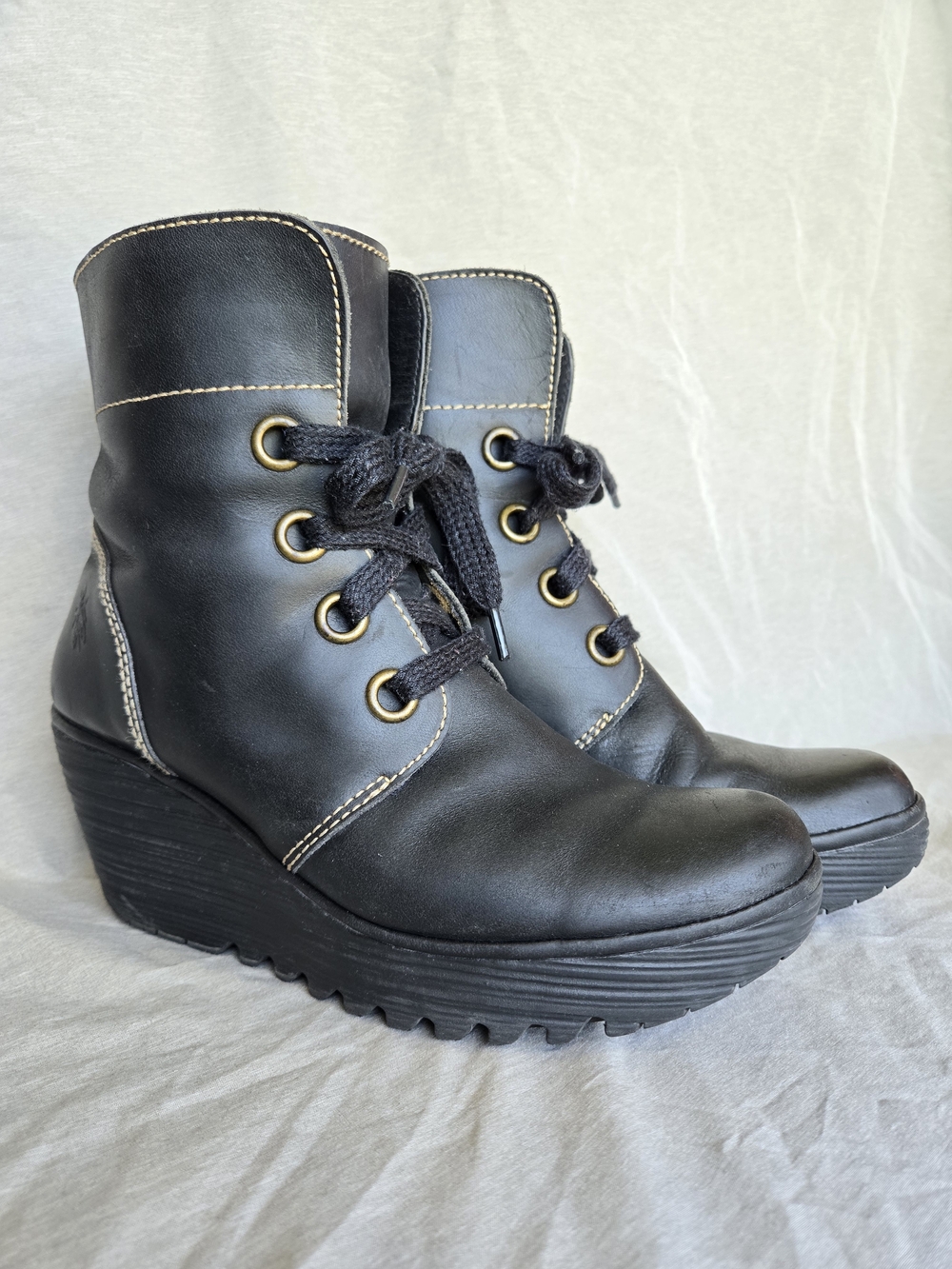 Fly London Black Leather Lace-Up Wedge Ankle Boots - Size 37